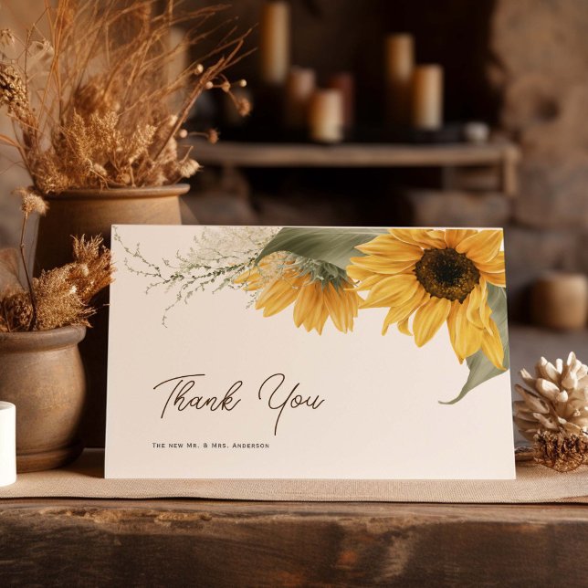 Tarjeta De Agradecimiento Girasol Rústico, Boda de Caída del País (Rustic, Sunflower themed, Wedding Thank you cards, A2 folded cards.)