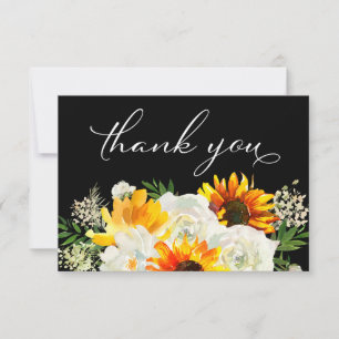 Tarjeta De Agradecimiento Girasol y Rosa Blanca Floral 2 Negro