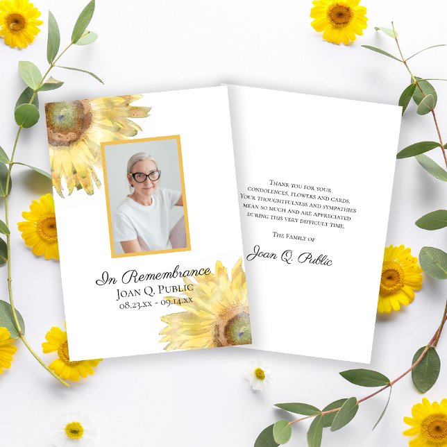 Tarjeta De Agradecimiento Girasoles Amarillos Acuarela Funeral Sentimiento d (Subido por el creador)