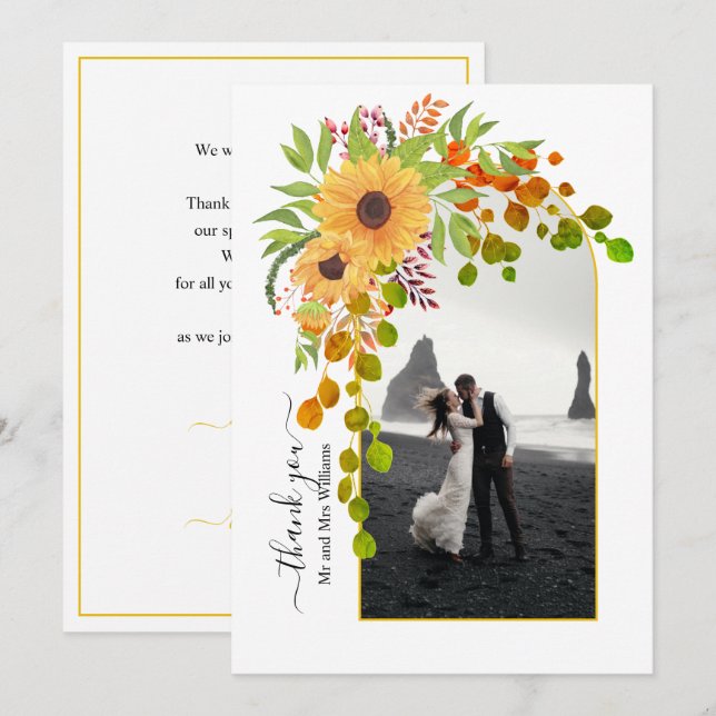 Tarjeta De Agradecimiento girasoles amarillos, arco con boda de caída fotogr (Anverso / Reverso)