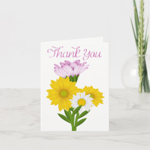 Tarjeta De Agradecimiento Girasoles amarillos Gracias Morado y Margaritas Bl