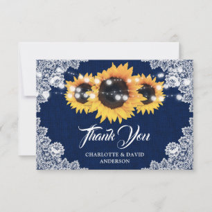 Tarjeta De Agradecimiento Girasoles Azules De Lona Y Encaje Boda