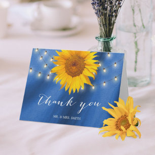 Tarjeta De Agradecimiento Girasoles Campestres y Luces de Cadena Azules Agra