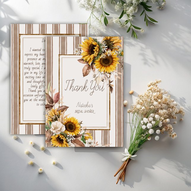 Tarjeta De Agradecimiento Girasoles de enamorarse franja marrón baby shower  (Fall in love sunflowers brown stripes bridal shower thank you cards modern stripped terracotta)