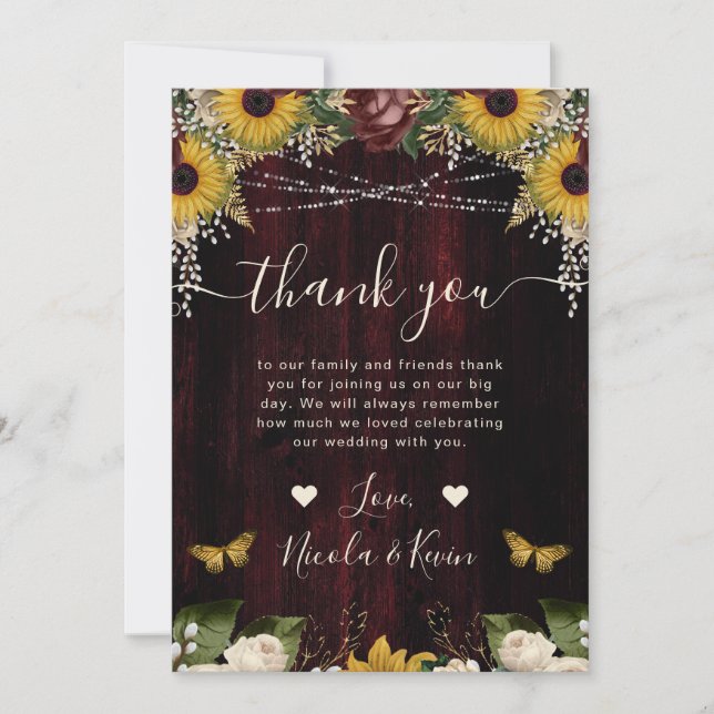 Tarjeta De Agradecimiento Girasoles de Otoño Rústicos de Madera e Iluminació (Anverso)