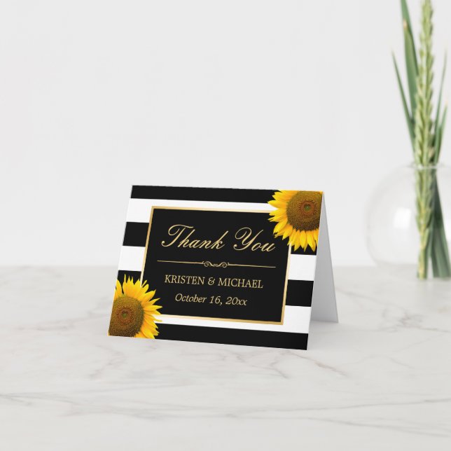 Tarjeta De Agradecimiento Girasoles Elegantes Rayas Blancas y Negras Gracias (Anverso)