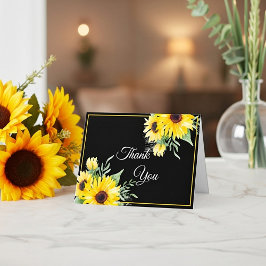 Tarjeta De Agradecimiento Girasoles en acuarela sobre boda negra  