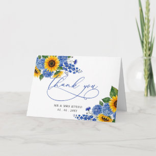 Tarjeta De Agradecimiento Girasoles Florales Azul Real Bodas Modernas