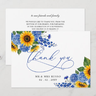 Tarjeta De Agradecimiento Girasoles Florales Azul Real Bodas Modernas