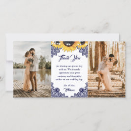Tarjeta De Agradecimiento Girasoles Florales de Encaje Azul Marino Foto Boda