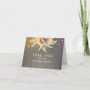 Tarjeta De Agradecimiento Girasoles Rústicos y Luces de Cuerda de Madera Gra