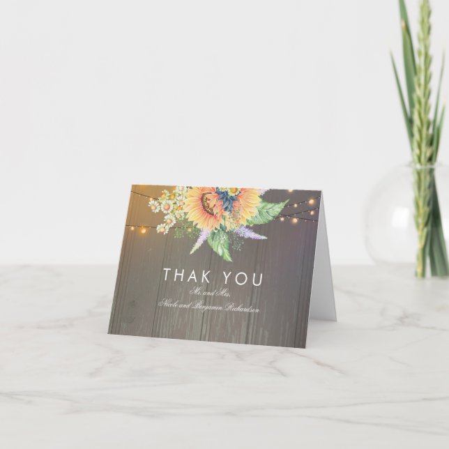 Tarjeta De Agradecimiento Girasoles Rústicos y Luces de Cuerda de Madera Gra (Anverso)