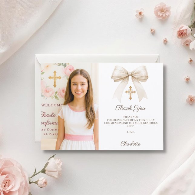 Tarjeta De Agradecimiento Girl photo cream bow Confirmation (Subido por el creador)