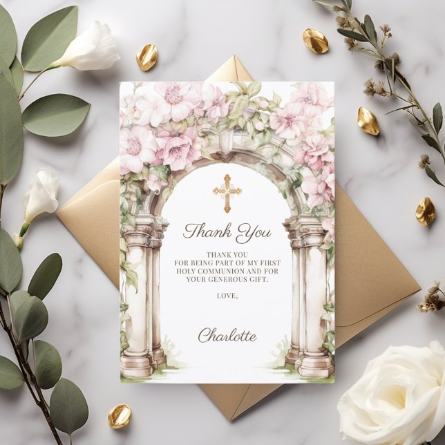 Tarjeta De Agradecimiento Girl photo First Communion pink floral arch (Subido por el creador)