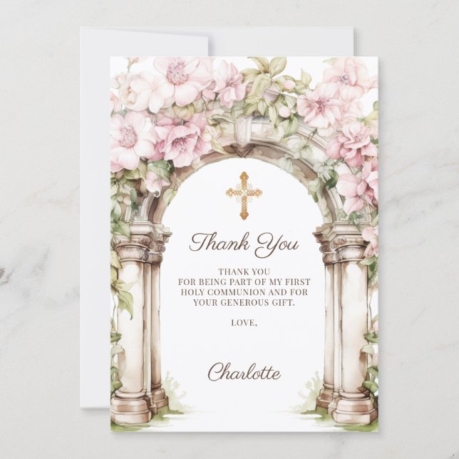 Tarjeta De Agradecimiento Girl photo First Communion pink floral arch (Anverso)