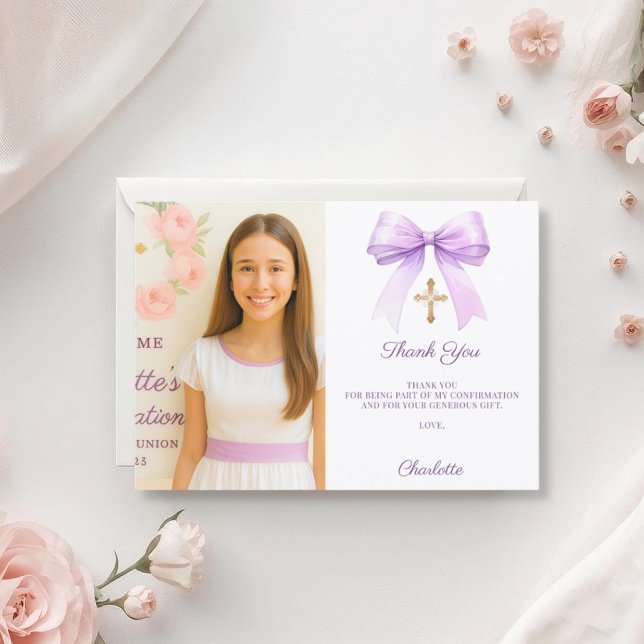 Tarjeta De Agradecimiento Girl photo lavender bow Confirmation (Subido por el creador)