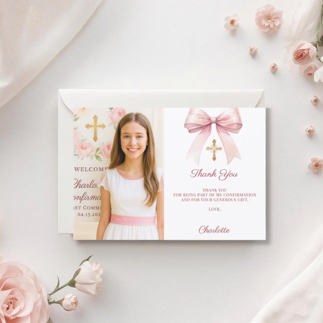 Tarjeta De Agradecimiento Girl photo pink bow Confirmation (Subido por el creador)