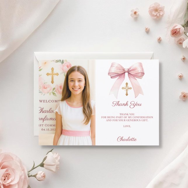 Tarjeta De Agradecimiento Girl photo pink bow Confirmation (Subido por el creador)