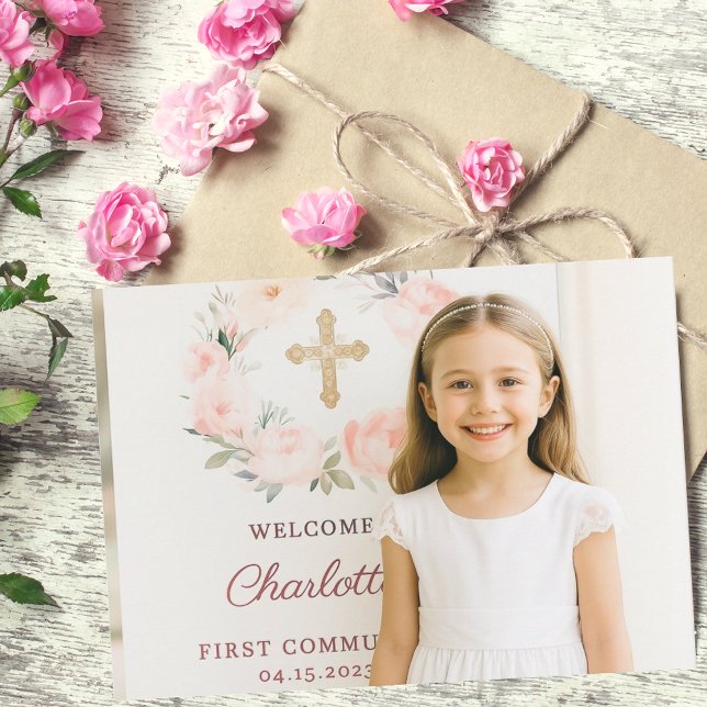 Tarjeta De Agradecimiento Girl photo pink bow cross First Communion  (Subido por el creador)