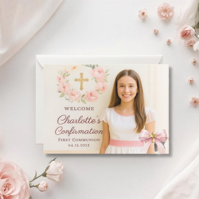 Tarjeta De Agradecimiento Girl photo pink bow cross First Holy Communion (Subido por el creador)
