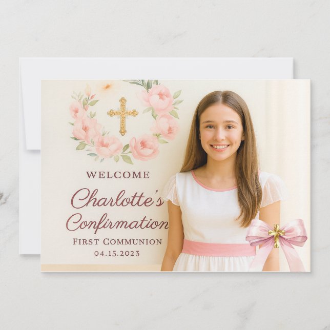 Tarjeta De Agradecimiento Girl photo pink bow cross First Holy Communion (Anverso)