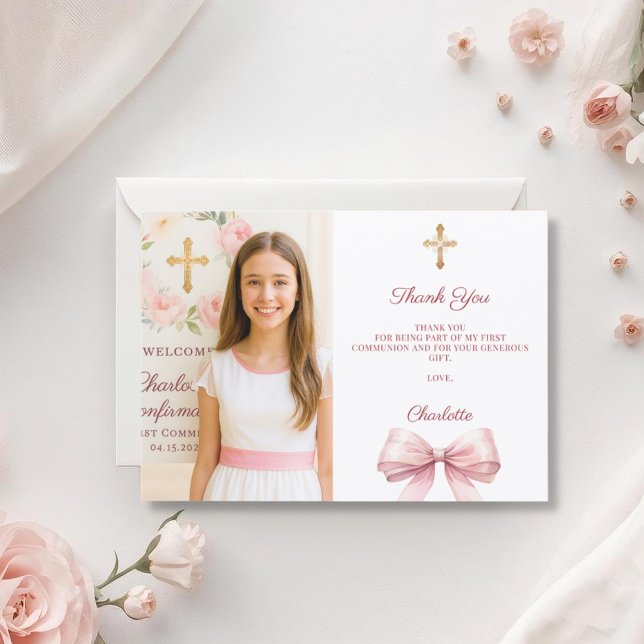 Tarjeta De Agradecimiento Girl photo pink bow First Holy Communion (Subido por el creador)