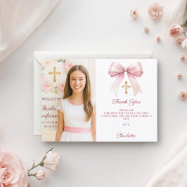 Tarjeta De Agradecimiento Girl photo pink bow First Holy Communion