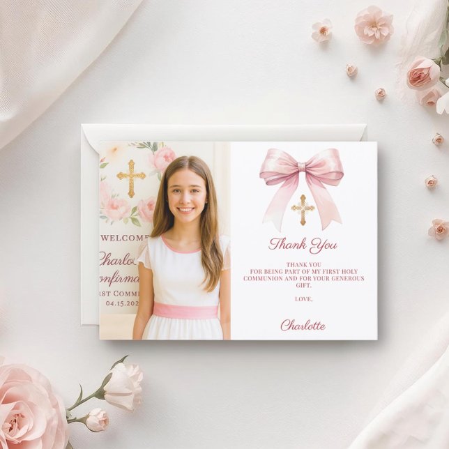 Tarjeta De Agradecimiento Girl photo pink bow First Holy Communion (Subido por el creador)