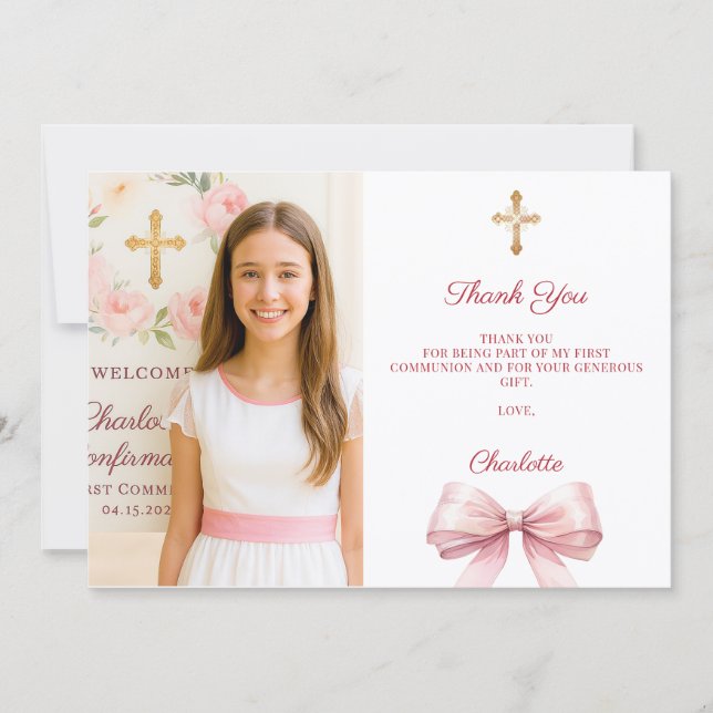 Tarjeta De Agradecimiento Girl photo pink bow First Holy Communion (Anverso)