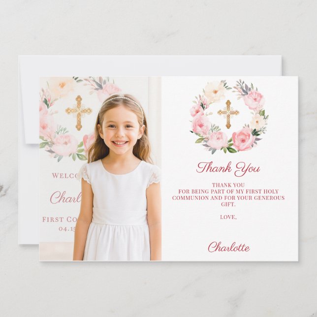 Tarjeta De Agradecimiento Girl photo pink florals cross First Communion  (Anverso)