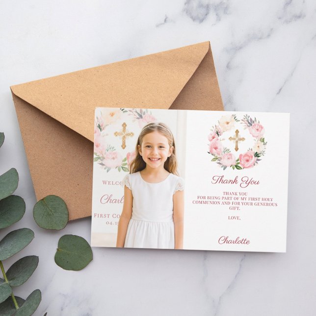 Tarjeta De Agradecimiento Girl photo pink florals cross First Communion  (Subido por el creador)