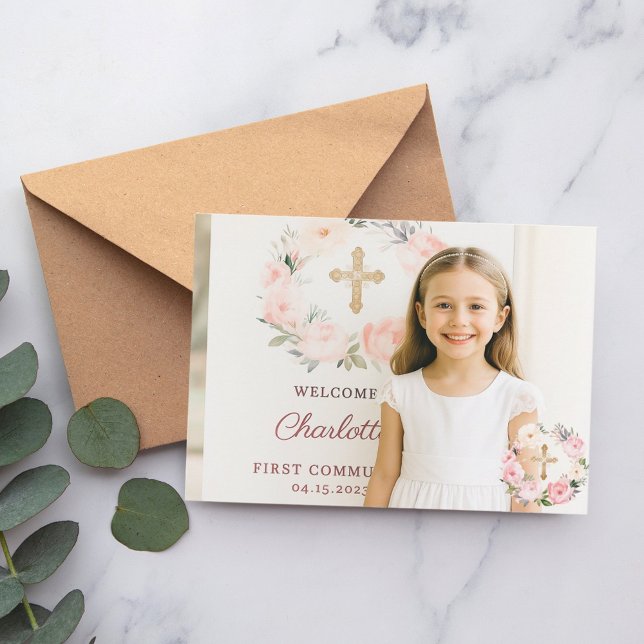 Tarjeta De Agradecimiento Girl photo pink florals cross First Communion  (Subido por el creador)