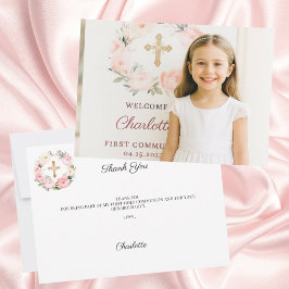 Tarjeta De Agradecimiento Girl photo pink florals cross First Communion 