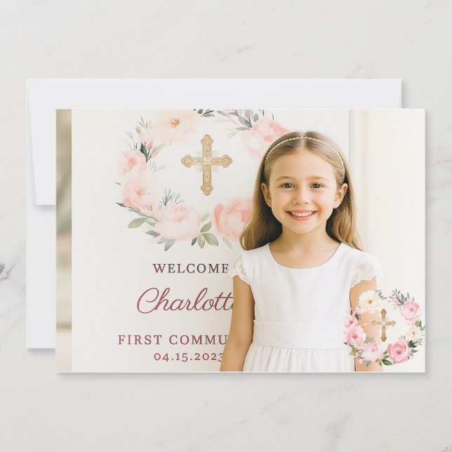 Tarjeta De Agradecimiento Girl photo pink florals cross First Communion  (Anverso)