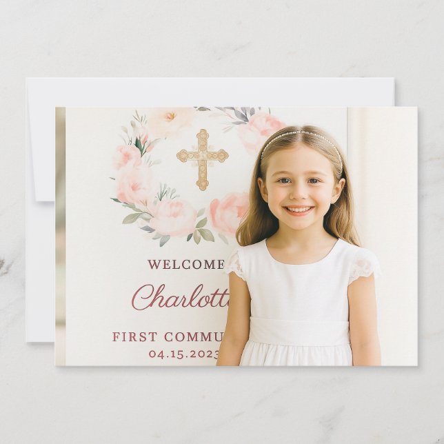 Tarjeta De Agradecimiento Girl photo pink florals cross First Communion  (Anverso)