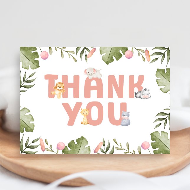 Tarjeta De Agradecimiento Girl Safari Animal Baby Shower  (Safari Jungle Animals Baby Shower Thank you Card)
