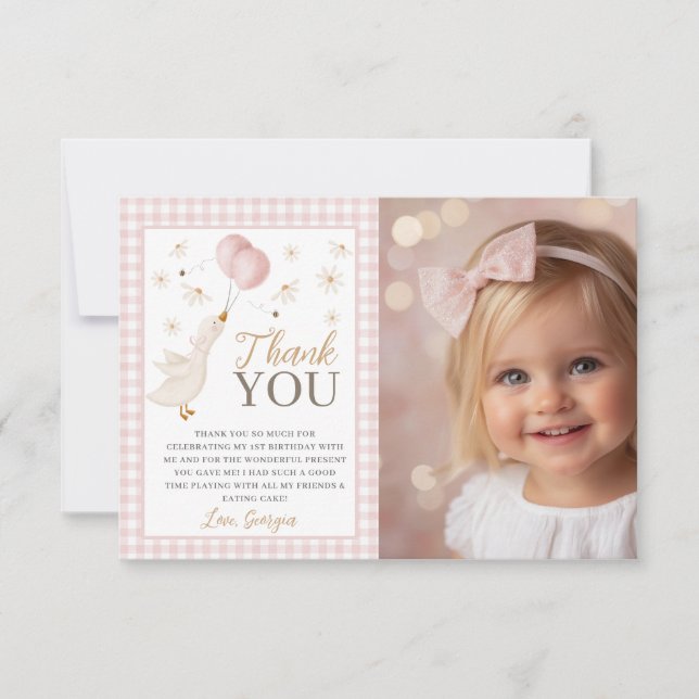 Tarjeta De Agradecimiento Girls 1st Birthday Silly Goose Pink Photo (Anverso)