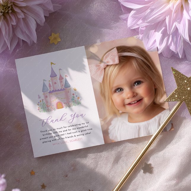 Tarjeta De Agradecimiento Girls Birthday Photo Thank You Card Princess Party (Girls birthday Photo thank you card | Princess Pastel Castle Party)