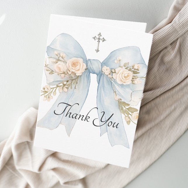 Tarjeta De Agradecimiento Girl's First Communion Blue Floral Bow Thank You (Subido por el creador)