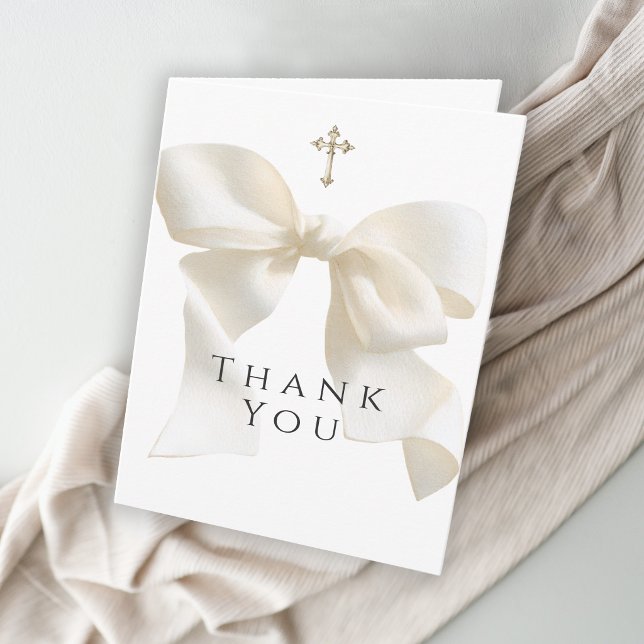Tarjeta De Agradecimiento Girl's First Communion Neutral Ivory Bow Thank You (Subido por el creador)