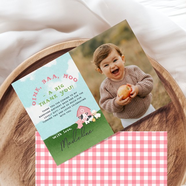 Tarjeta De Agradecimiento Girls Pink Farm Barnyard Birthday Photo (Subido por el creador)
