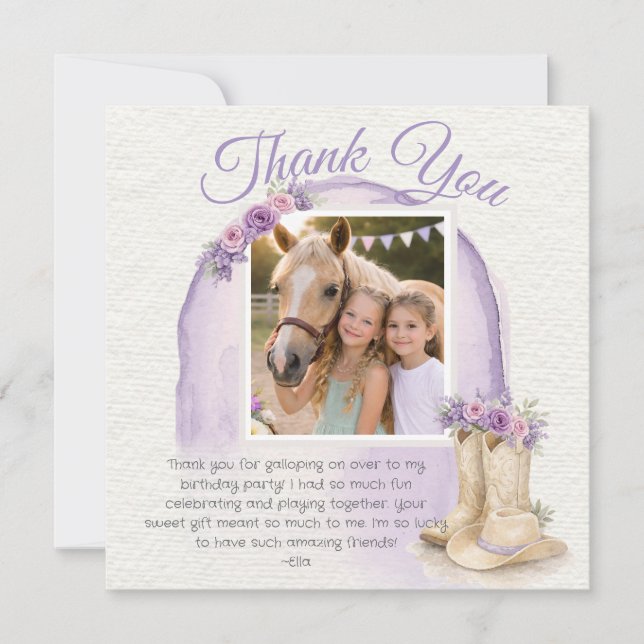 Tarjeta De Agradecimiento Girls Pony Cowgirl Birthday Photo Thank You Card (Anverso)