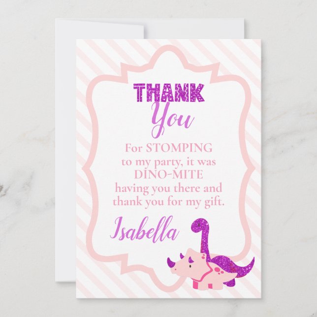 Tarjeta De Agradecimiento Girly Dinosaur Pink Birday (Anverso)