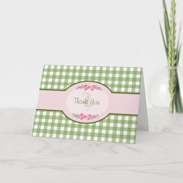 Tarjeta De Agradecimiento Girly Green Gingham Gracias Por Monograma (Anverso)