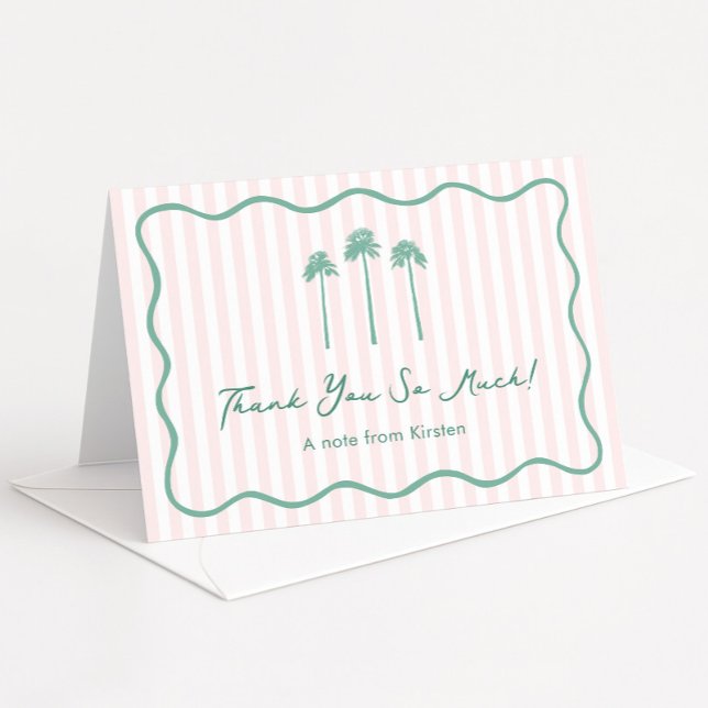Tarjeta De Agradecimiento Girly Hand-drawn Palm Springs Bachelorette Party (Pink Mint Tropical Fan Palm Trees Palm Springs folding thank you card hand-drawn squiggle border)