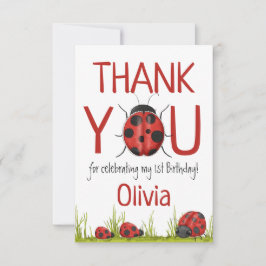 Tarjeta De Agradecimiento Girly Ladybug Fiesta del primer cumpleaños
