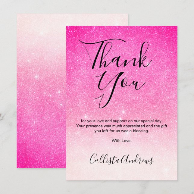 Tarjeta De Agradecimiento Girly Neon Purpurina Blanco Rosa Ombre (Anverso / Reverso)
