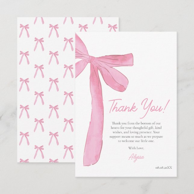 Tarjeta De Agradecimiento Girly Pink Bow Hand drawn Coquette baby shower  (Anverso / Reverso)