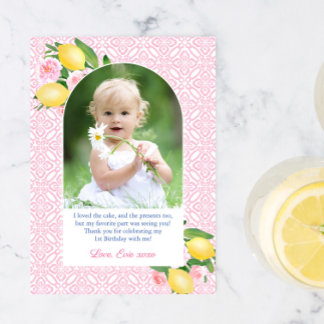 Tarjeta De Agradecimiento Girly Pink con Citrus Lemons. Foto del partido del
