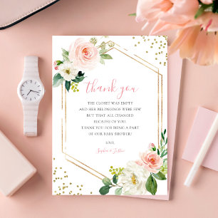 Tarjeta De Agradecimiento Girly Rubor Pink Gold Floral Baby Shower Boho Rosa